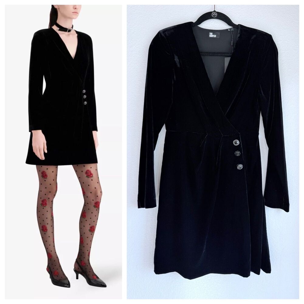 NEW The Kooples Long Sleeve Velvet Button Wrap Style Mini Dress in Black Sz S